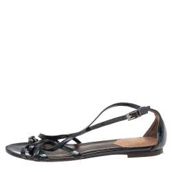 Pre Owned Roberto Cavalli Navy Blue Leather Strappy Flat Sandals Size 38