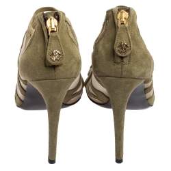 Pre Owned Roberto Cavalli Olive Green Suede and Mesh Open-Toe Ankle Booties Size 38