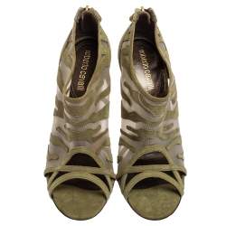 Pre Owned Roberto Cavalli Olive Green Suede and Mesh Open-Toe Ankle Booties Size 38