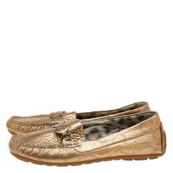 Roberto Cavalli Metallic Gold Iridescent Effect Leather Embellished Slip On Loafers Size 39