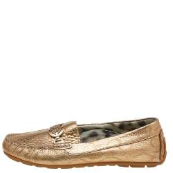 Roberto Cavalli Metallic Gold Iridescent Effect Leather Embellished Slip On Loafers Size 39
