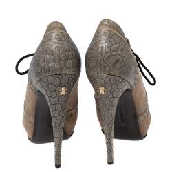 Roberto Cavalli Light Olive/Light Brown Nubuck and Croc Embossed Leather Peep-Toe Lace-Up Derby Booties Size 38