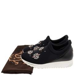 Pre Owned Roberto Cavalli Black Nylon Crystal Embellished Slip On Sneakers Size 38