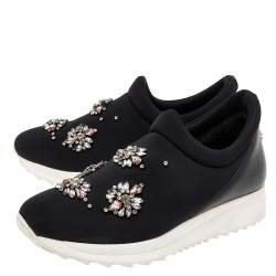 Pre Owned Roberto Cavalli Black Nylon Crystal Embellished Slip On Sneakers Size 38