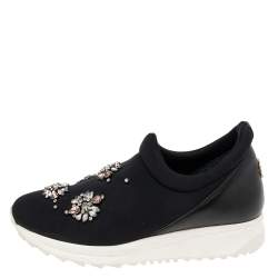 Pre Owned Roberto Cavalli Black Nylon Crystal Embellished Slip On Sneakers Size 38