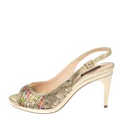 مملوكة مسبقًا صندل روبرتو كافالي جلد ذهبي مقدمة مفتوحة فتحة كعب مقاس 38.5