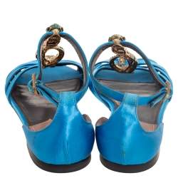 مملوكة مسبقًا Roberto Cavalli Blue Satin Embellished Flat Sandals Size 38