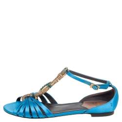 مملوكة مسبقًا Roberto Cavalli Blue Satin Embellished Flat Sandals Size 38