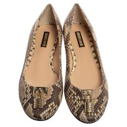 Pre Owned Roberto Cavalli Beige/Brown Python Leather Padlock Ballet Flats Size 38