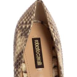 Pre Owned Roberto Cavalli Beige/Brown Python Leather Padlock Ballet Flats Size 38