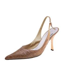 Pre Owned Roberto Cavalli Bronze Lizard Print Satin Pointed Toe Slingback Sandals Size 40