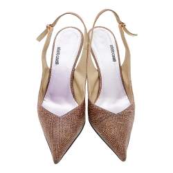 Pre Owned Roberto Cavalli Bronze Lizard Print Satin Pointed Toe Slingback Sandals Size 40