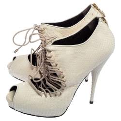 Pre Owned Roberto Cavalli Cream Snakeskin Leather Peep-Toe Lace-Up Ankle Booties Size 38
