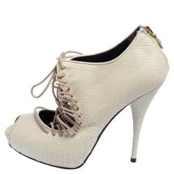 Pre Owned Roberto Cavalli Cream Snakeskin Leather Peep-Toe Lace-Up Ankle Booties Size 38