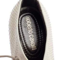 Pre Owned Roberto Cavalli Cream Snakeskin Leather Peep-Toe Lace-Up Ankle Booties Size 38