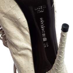 Pre Owned Roberto Cavalli Cream Snakeskin Leather Peep-Toe Lace-Up Ankle Booties Size 38