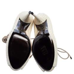 Pre Owned Roberto Cavalli Cream Snakeskin Leather Peep-Toe Lace-Up Ankle Booties Size 38