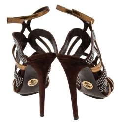 Pre Owned صندل روبرتو كافالي سويدي وجلد بني / ذهبي مزين بالكريستال وحزام كاحل مقاس 41
