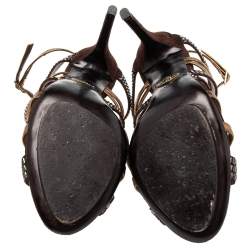 Pre Owned صندل روبرتو كافالي سويدي وجلد بني / ذهبي مزين بالكريستال وحزام كاحل مقاس 41