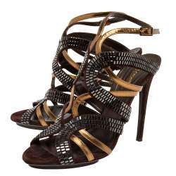 Pre Owned صندل روبرتو كافالي سويدي وجلد بني / ذهبي مزين بالكريستال وحزام كاحل مقاس 41