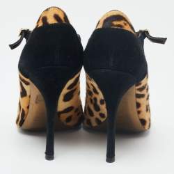 Pre Owned Roberto Cavalli Black/Beige Suede And Calf Hair Leopard Print Mary Jane Open Toe Pumps Size 38