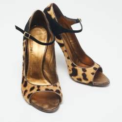 Pre Owned Roberto Cavalli Black/Beige Suede And Calf Hair Leopard Print Mary Jane Open Toe Pumps Size 38
