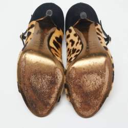 Pre Owned Roberto Cavalli Black/Beige Suede And Calf Hair Leopard Print Mary Jane Open Toe Pumps Size 38