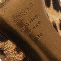 Pre Owned Roberto Cavalli Black/Beige Suede And Calf Hair Leopard Print Mary Jane Open Toe Pumps Size 38