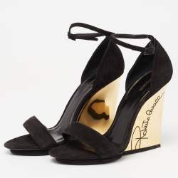 Pre Owned Roberto Cavalli Black Suede Wedge Ankle Strap Sandals Size 38