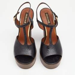 Roberto Cavalli Black Leather T Strap Platform Sandals Size 36
