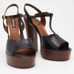 Roberto Cavalli Black Leather T Strap Platform Sandals Size 36
