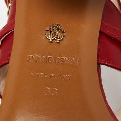 Roberto Cavalli Red Leather Embellished Ankle Strap Sandals Size 38