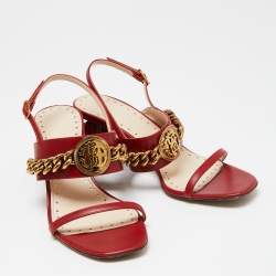 Roberto Cavalli Red Leather Embellished Ankle Strap Sandals Size 38