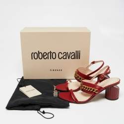 Roberto Cavalli Red Leather Embellished Ankle Strap Sandals Size 38