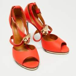 Pre Owned Roberto Cavalli Red Leather Embellished Ankle Strap Sandals Size 39