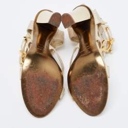 Pre Owned Roberto Cavalli Gold Leather Metal Embellished Ankle Strap Sandals Size 37.5