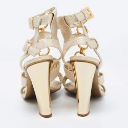 Pre Owned Roberto Cavalli Gold Leather Metal Embellished Ankle Strap Sandals Size 37.5