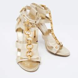 Pre Owned Roberto Cavalli Gold Leather Metal Embellished Ankle Strap Sandals Size 37.5