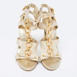 Pre Owned Roberto Cavalli Gold Leather Metal Embellished Ankle Strap Sandals Size 37.5