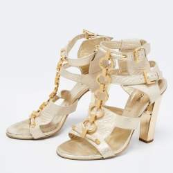 Pre Owned Roberto Cavalli Gold Leather Metal Embellished Ankle Strap Sandals Size 37.5