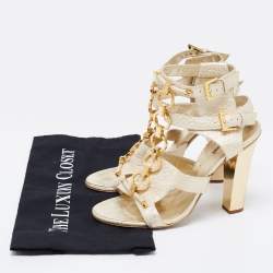 Pre Owned Roberto Cavalli Gold Leather Metal Embellished Ankle Strap Sandals Size 37.5