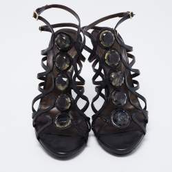 مملوكة مسبقًا صندل روبرتو كافالي جلد أسود قصات مفرغة مزخرف سير كاحل مقاس 39