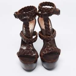 Pre Owned صندل روبرتو كافالي جلد بني داكن مجدول بسيور كعب روكي نعل سميك مقاس 40