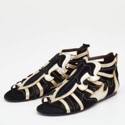 Pre Owned Roberto Cavalli Black/Gold Suede and Leather Flat Sandals Size 36