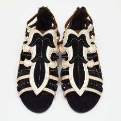 Pre Owned Roberto Cavalli Black/Gold Suede and Leather Flat Sandals Size 36