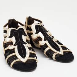 Pre Owned Roberto Cavalli Black/Gold Suede and Leather Flat Sandals Size 36