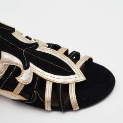 Pre Owned Roberto Cavalli Black/Gold Suede and Leather Flat Sandals Size 36
