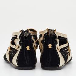 Pre Owned Roberto Cavalli Black/Gold Suede and Leather Flat Sandals Size 36