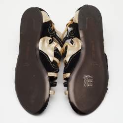 Pre Owned Roberto Cavalli Black/Gold Suede and Leather Flat Sandals Size 36