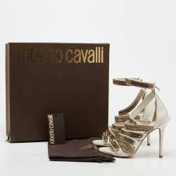 Roberto Cavalli White Leather Embellished Ankle Strap Sandals Size 36 
